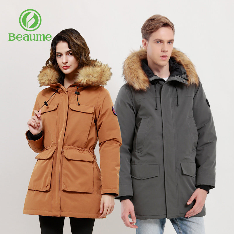beaume宝美羽绒棉棉服加厚中长款男女可拆卸毛领秋冬北客棉衣外套