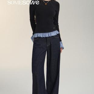 蔡依林同款SOMESOWE深蓝拖地直筒阔腿牛仔裤女2024秋显瘦垂感裤子