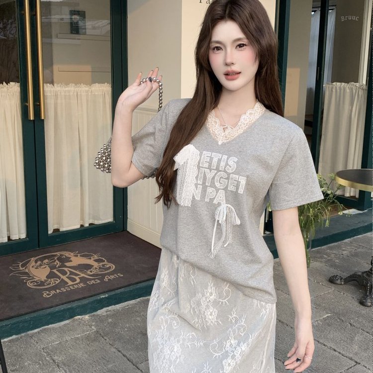 Leap Dream 官方授权 时尚套装女蕾丝花边短袖A字高腰半裙两件套