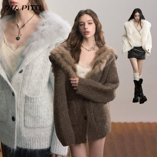 VIAPITTI设计感重磅狐狸毛大翻领保暖毛绒绒毛衣外套女装秋冬开衫