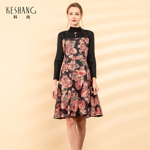 科尚大裙摆A版中长款连衣裙2023秋季新款时尚拼接木耳领修身裙子