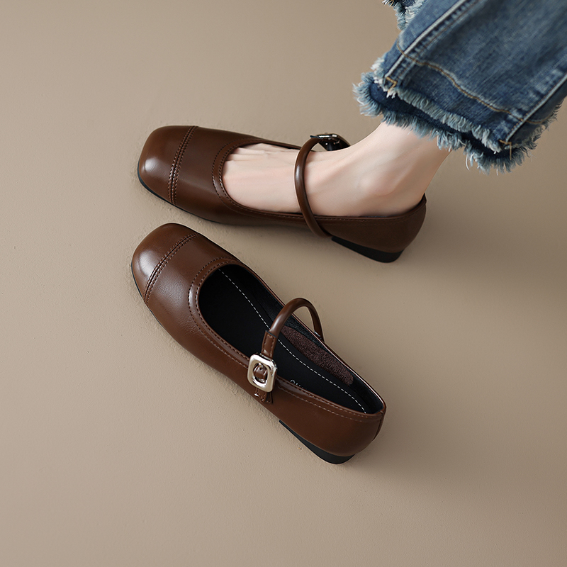 软皮一字带玛丽珍鞋浅口法式单鞋