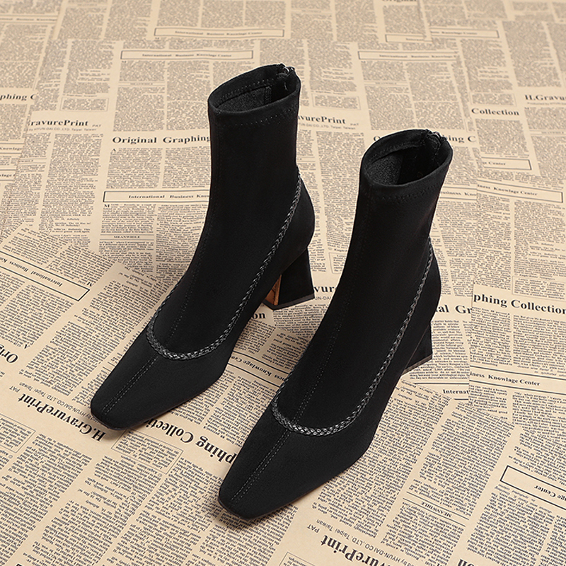 粗跟短靴黑色高跟气质炸街短筒靴