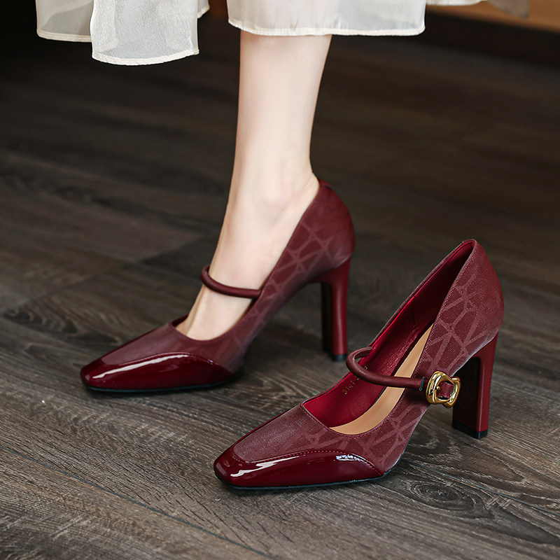 羊皮版法式方头超高跟鞋女2025年春季新款细跟酒红色婚鞋新娘单鞋,女鞋,浅口单鞋,淘宝优惠券,粉丝福利购,淘宝优惠卷