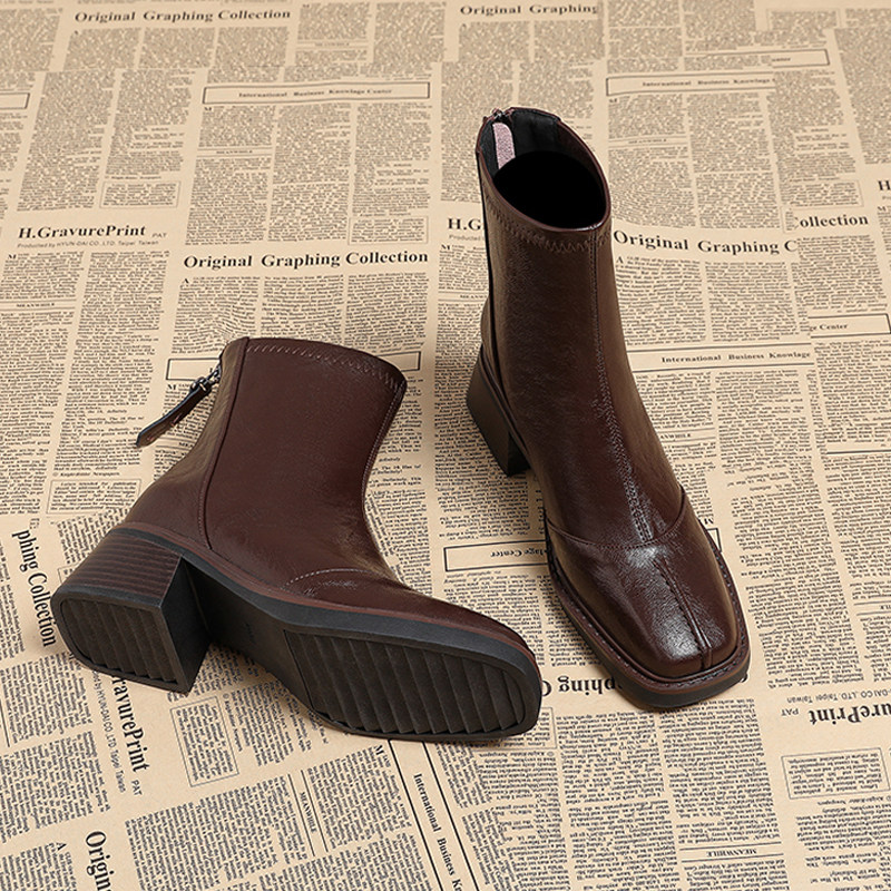 真皮气质高跟短靴女2025秋冬新款百搭加绒方头瘦瘦靴粗跟马丁靴子,女鞋,时装靴,淘宝优惠券,粉丝福利购,淘宝优惠卷