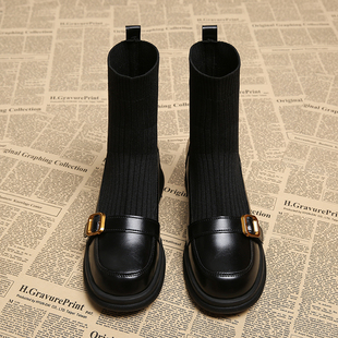 真皮袜靴女2025新款秋冬马丁靴弹力瘦瘦靴早秋韩系小裸靴平底短靴