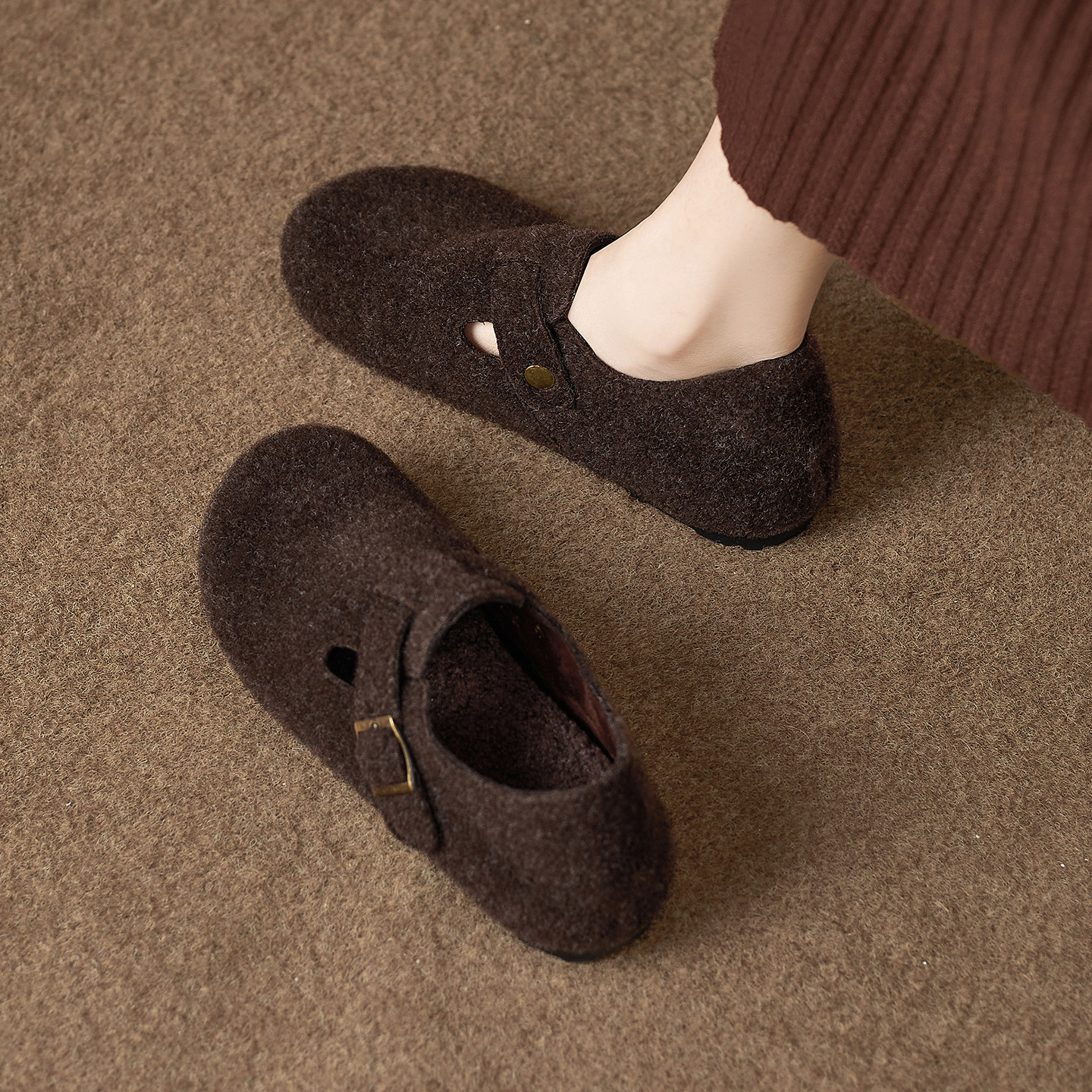 羊皮版~加绒勃肯鞋女秋冬内增高2025秋冬新款圆头单鞋保暖毛毛鞋