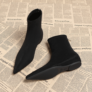真皮内增高尖头短靴女2025秋冬新款百搭弹力布面洋气高级感瘦瘦靴