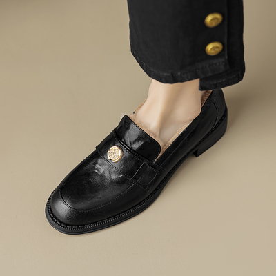 软羊皮加绒小皮鞋女款2025秋冬新款百搭时尚英伦风乐福单鞋毛毛鞋