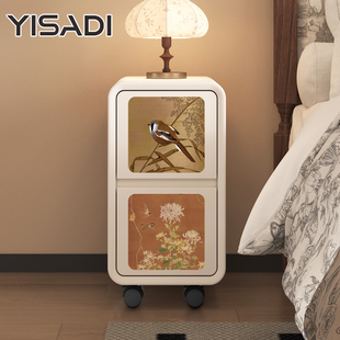 中古风实木床头柜带轮子可移动2025新款小型家用卧室收纳床边窄柜