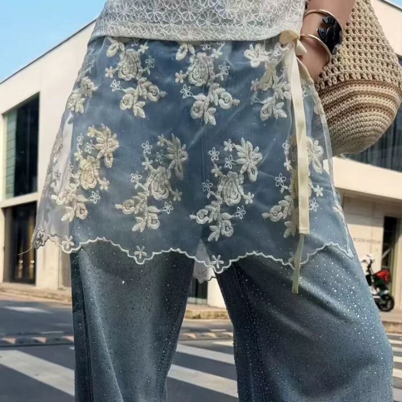 中长款蕾丝屁帘女欧根纱重工刺绣叠穿神器牛仔裤搭配遮胯显瘦裙帘