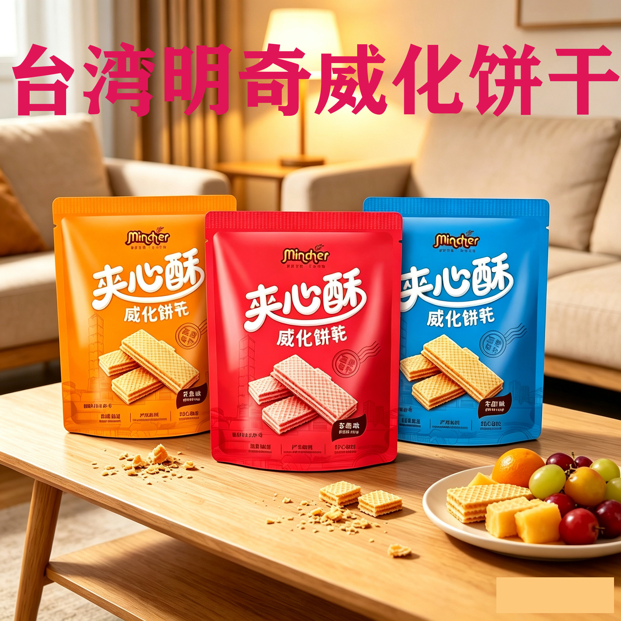台湾进口明奇mincher夹心酥威化饼干花生牛奶草莓多种口味零食
