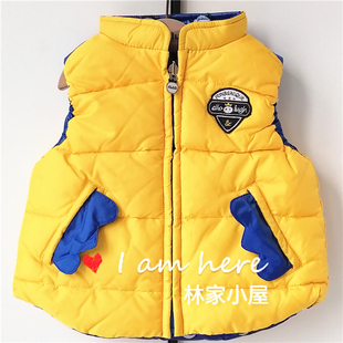韩版阿路allo lugh儿童装男童宝宝冬款黄蓝色两面穿羽绒背心马甲