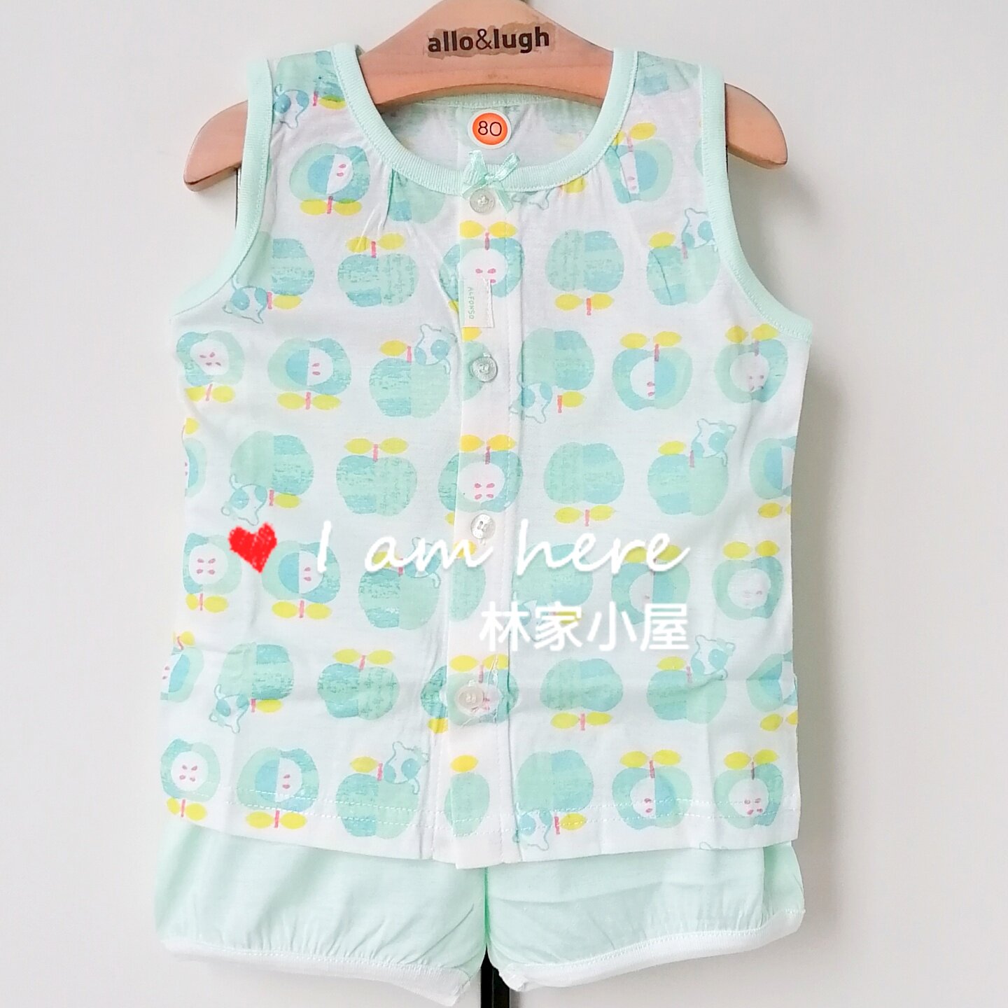 韩版alfonso小狗儿童装女童宝夏款薄荷绿满印苹果家居服睡衣套装