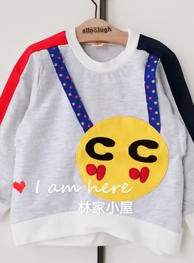 韩版潮牌clan-c儿童装男童宝宝春秋款浅灰色假背带帅气长袖T恤