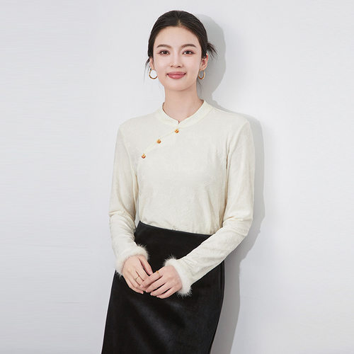 妖猪新中式斜襟盘扣提花小V领国风优雅女保暖磨毛打底衫上衣