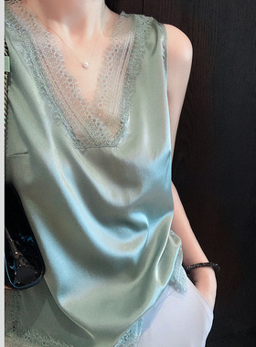 妖猪现货  妩媚撩动你心 舒适性感真丝拼蕾丝V领吊带背心女