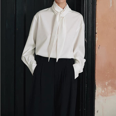 妖猪  新款 老钱风静she轻盈舒s高智多穿系带飘带衬衫