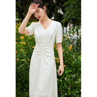 纯色高腰气质A字显瘦中长款 妖猪夏日摩登法式 仿醋酸连衣裙女短袖