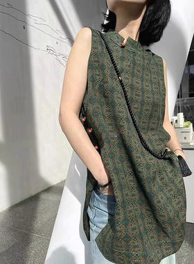 妖猪 y气高ji绿色民族花纹开叉盘扣无袖坎肩新款马甲 女