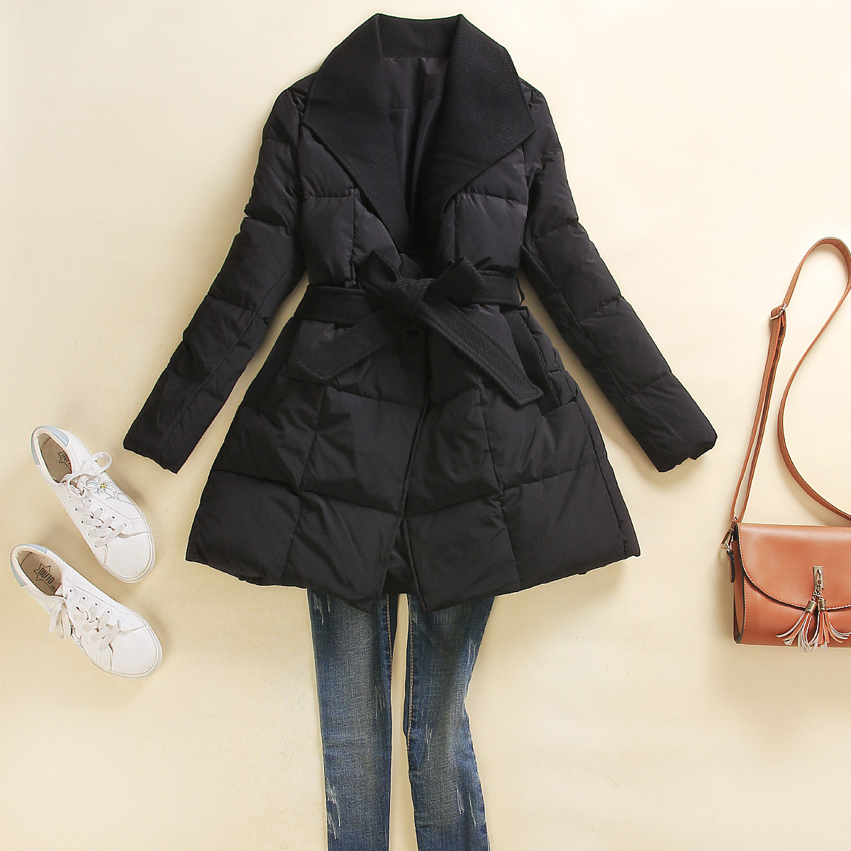 冬装黑色羽绒服女中长款2025年新款韩版大翻领时尚白鸭绒羽绒外套