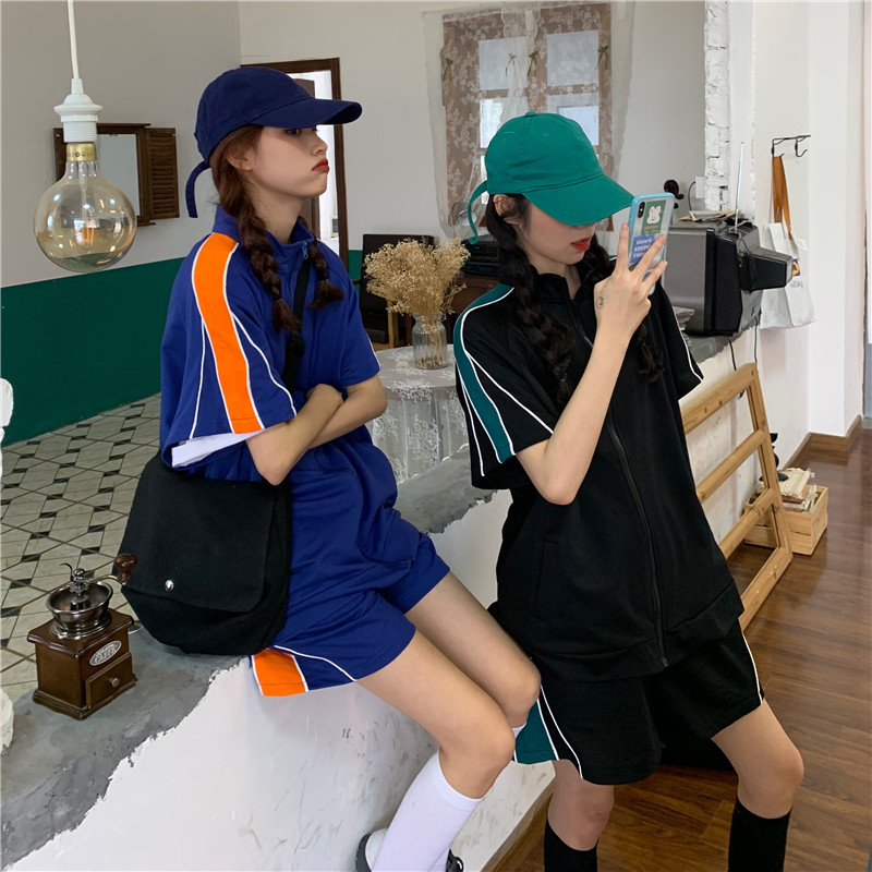 Real price sportswear fashion suit 2020 hip hop short sleeve jacket shorts two piece suit for women