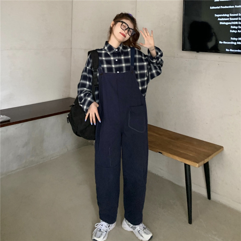 Real price Korean casual plaid shirt + casual Suspenders