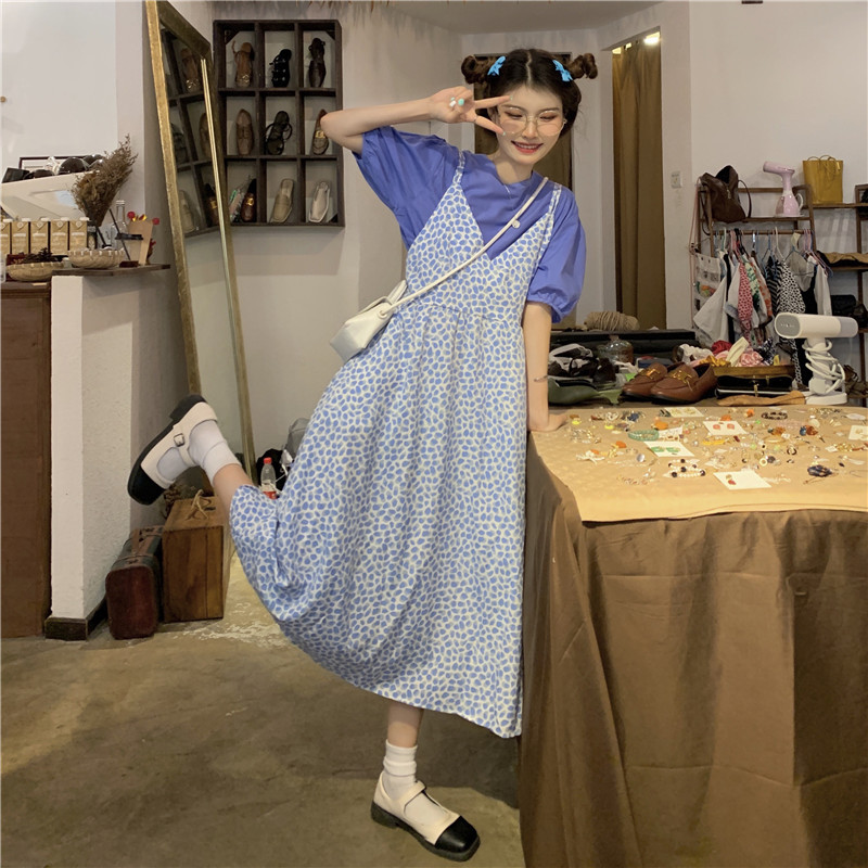 Real price Korean loose bubble sleeve versatile shirt + Floral Summer Long Dress