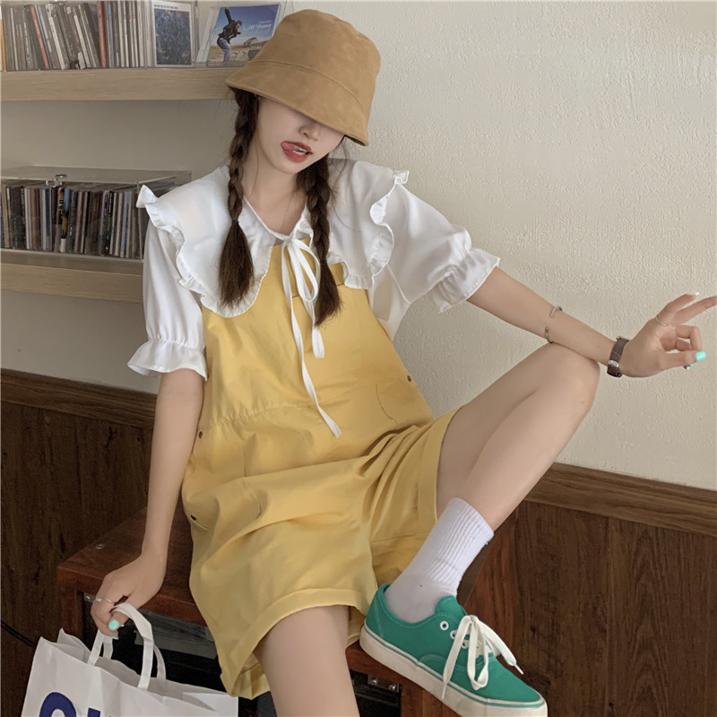 Real price Korean loose baby Collar Chiffon shirt + solid color carrying shorts