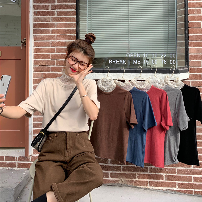 Real price 2021 new Korean style casual fit ins solid color top Short Sleeve T