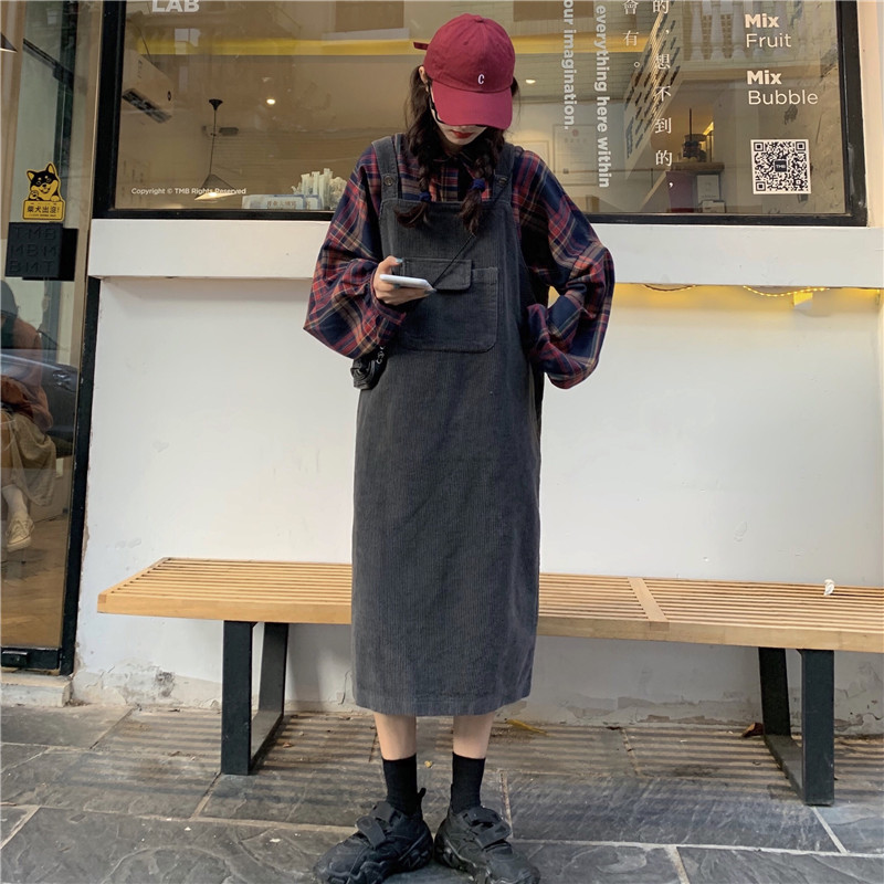 Real price Korean loose Plaid versatile shirt + strap one-piece skirt