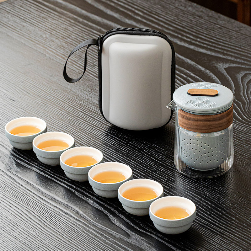 海浪草木灰旅行茶具套组随身带户外车载可携式露营泡茶器一壶六杯