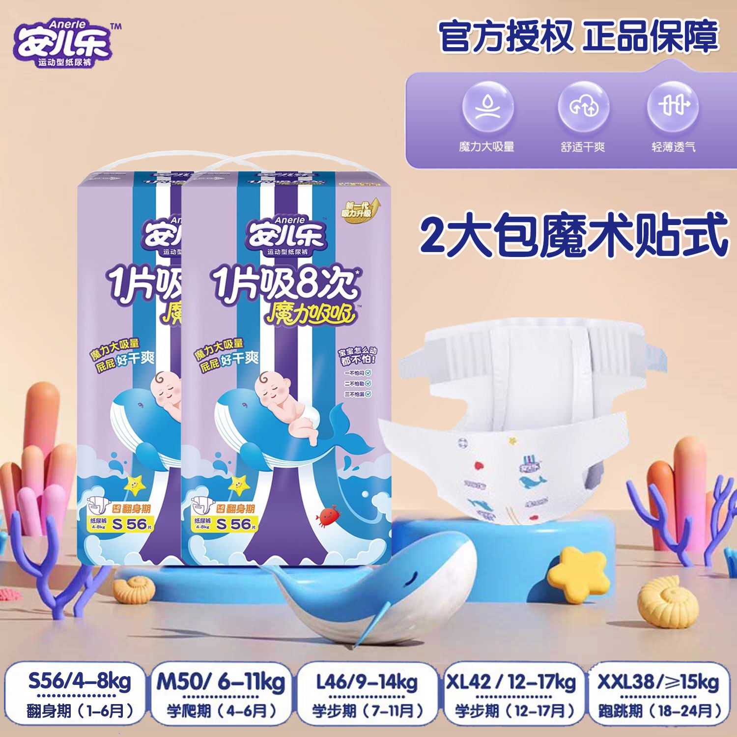 安儿乐魔力吸吸纸尿裤小号S112片男女新生婴儿魔术贴纸尿裤大吸量