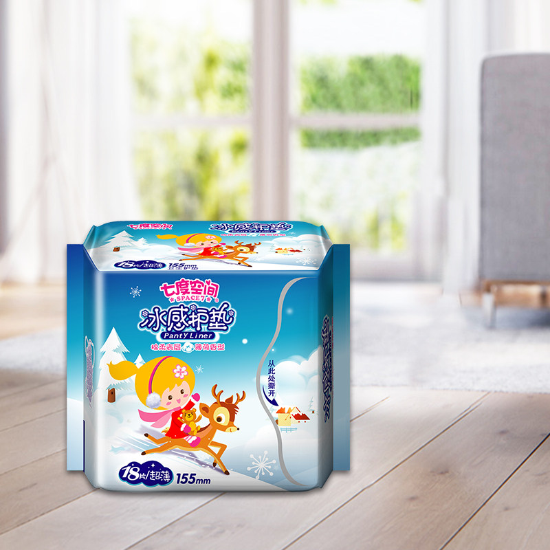 七度空间冰感护垫超薄18片/包155mm棉柔薄荷香少女卫生巾QDAB818