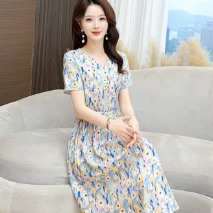2026新款高端棉绸连衣裙女夏气质收腰碎花外穿人造棉大摆绵绸裙子