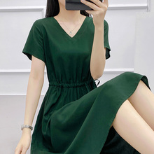 新款棉绸连衣裙女夏季纯色V领短袖显廋中长款人造棉外穿绵绸裙子
