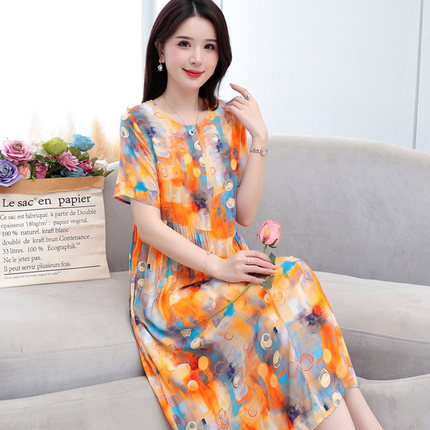 2026新款高端棉绸连衣裙女夏季木棉时尚印花人造棉宽松外穿棉裙子