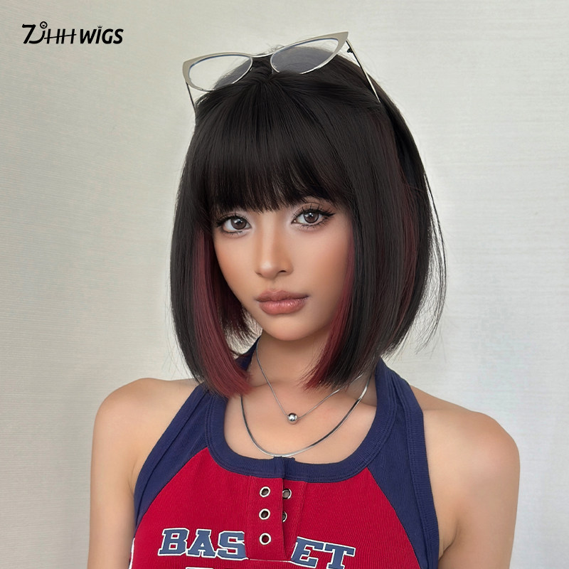 假发全头套女锁骨发无痕隐形w短发修颜减龄自然短发挑染红黑假发
