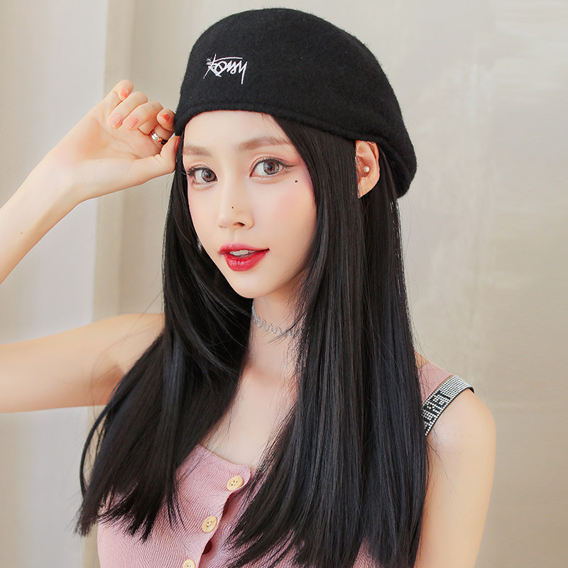 假发女中长发帽子假发一体时尚秋冬贝雷帽长直发网红带帽自然全头