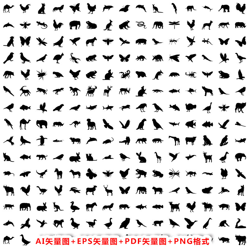 a826黑白单色飞禽走兽鸟类昆虫小动物剪影ai矢量图eps格式pdf文件