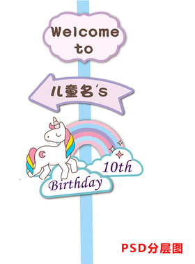 LP200谈蓝色粉色系独角兽小马小朋友儿童生日迎宾指示牌PSD分层图