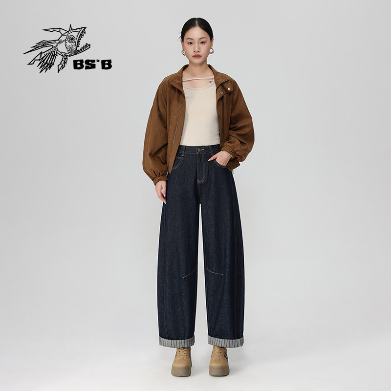 BS2B/小魔鱼弯刀牛仔裤女秋冬新款遮胯藏肉显瘦梨形宽松哈伦长裤