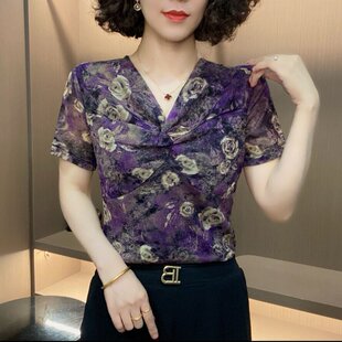 2025夏款妈妈装气质印花扭结V领上衣修身女装显瘦弹力网纱短袖t恤