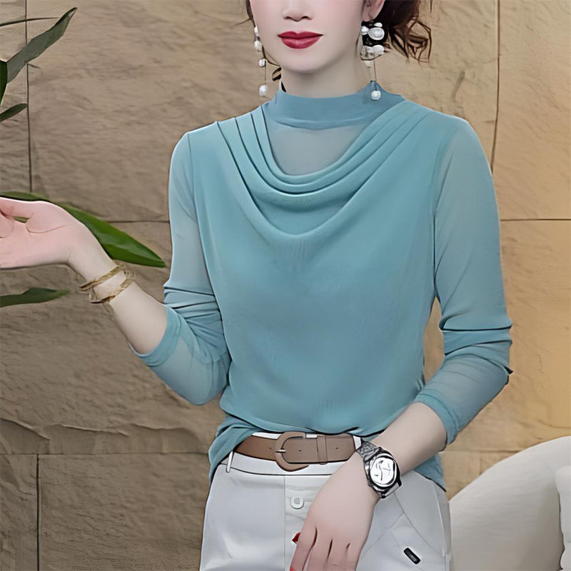 洋气半高领纯色堆堆领T恤上衣女E早秋新款时尚显瘦休闲宽松小衫