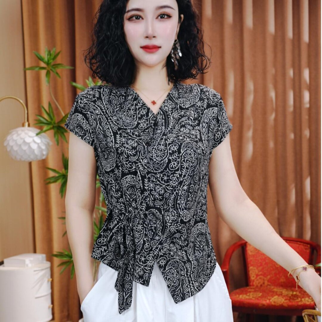 夏季妈妈装V领凤尾花时尚小衫短袖系带收腰t恤女洋气减龄开衫上衣