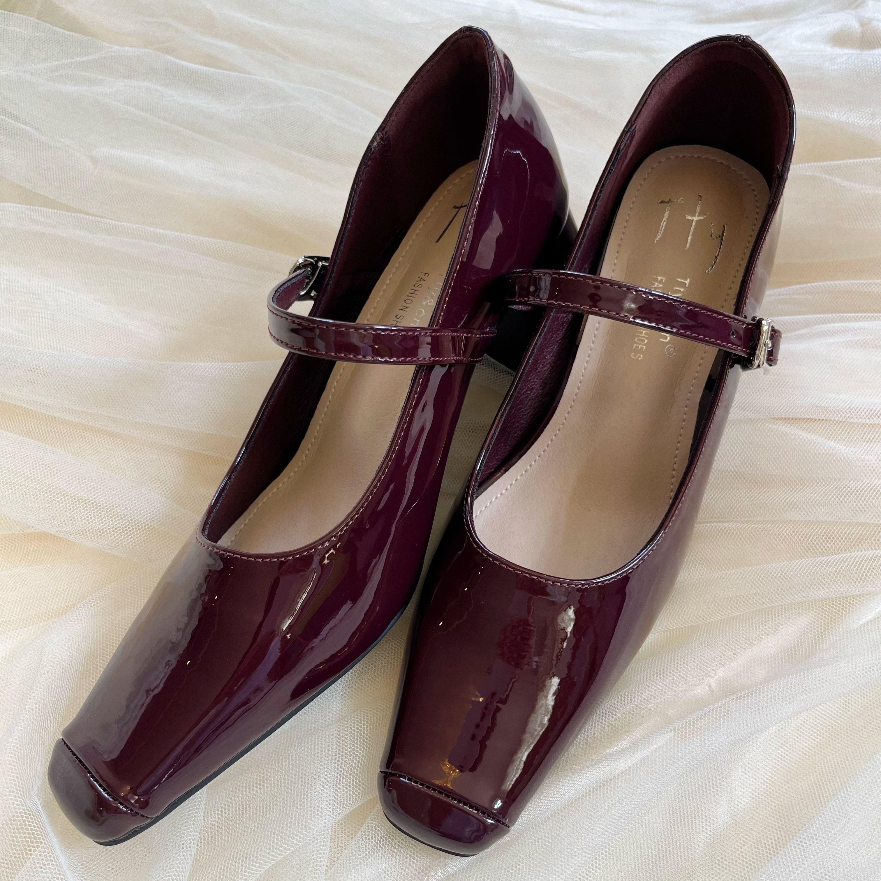 复古酒红法式一字扣带玛丽珍女鞋粗跟方头漆皮单鞋气质百搭高跟鞋,女鞋,浅口单鞋,淘宝优惠券,粉丝福利购,淘宝优惠卷