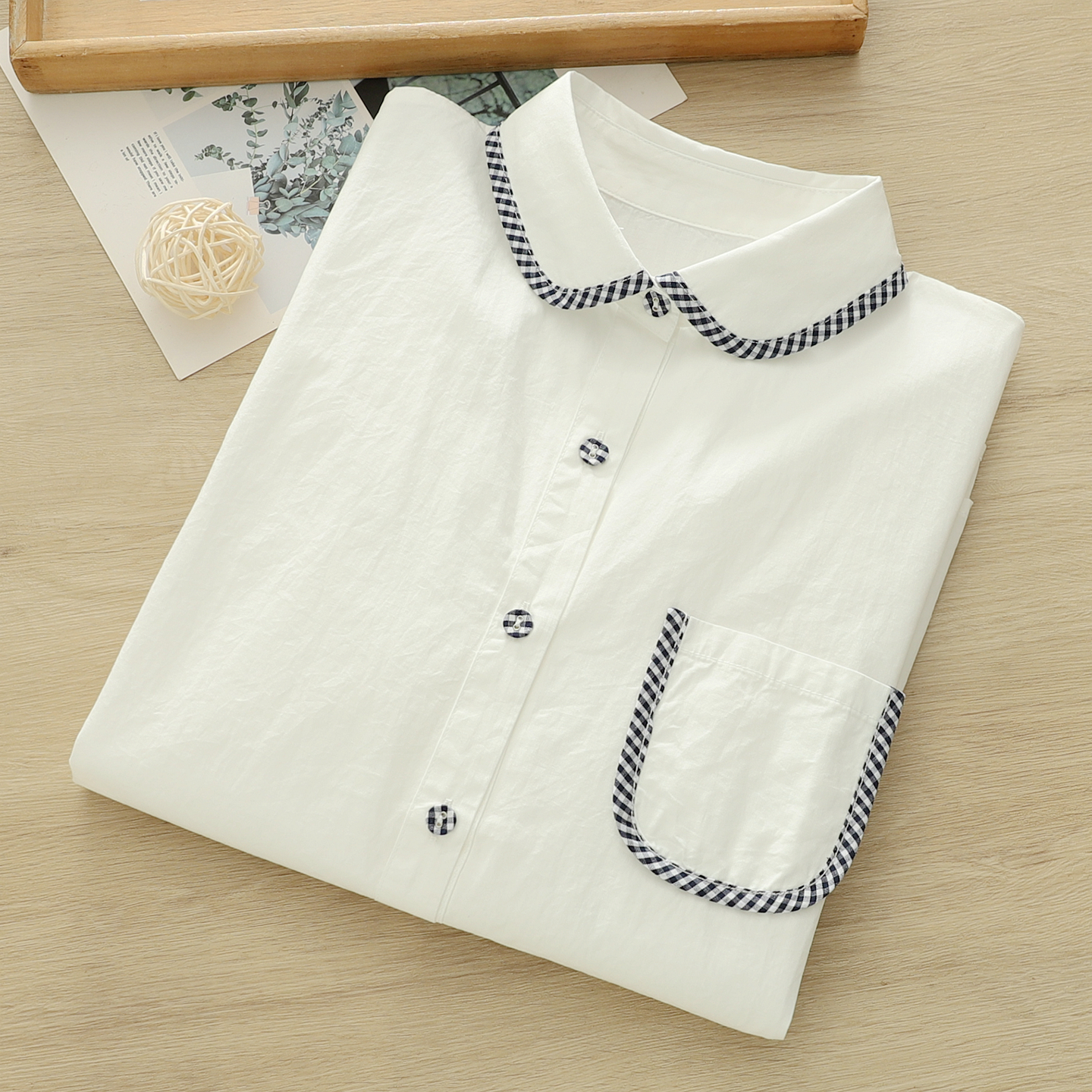 2025秋季文艺小清新格子包边元宝领纯棉衬衫女长袖打底衫学生叠穿
