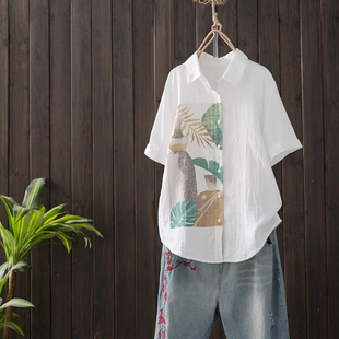 潮 学生打底衫 日系文艺小清新热带风油画宽松双层棉纱白衬衫 女短袖