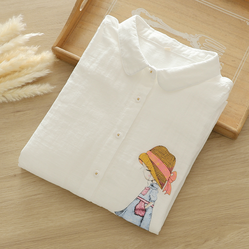 2025春季文艺小清新遛猫女孩娃娃领双层棉纱白衬衫女长袖打底衫潮