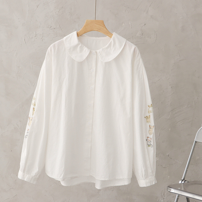 2025秋季复古娃娃领袖子刺绣宽松纯棉白衬衫女长袖打底衫学生内搭